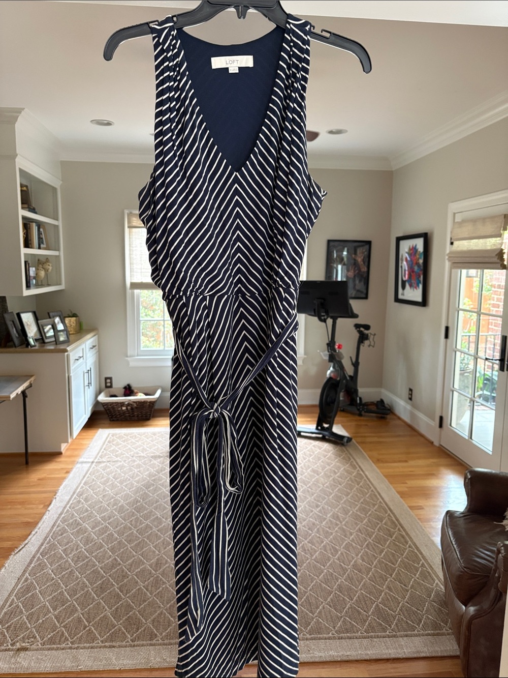 LOFT Navy & White Striped Sleeveless Dress with Tie Waist